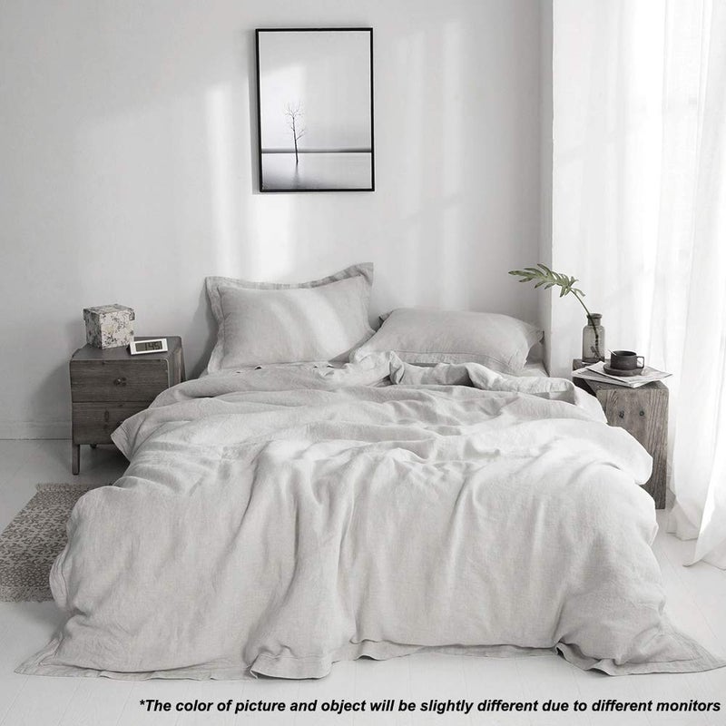 Simple&Opulence 100% French Flax Linen Duvet Cover Set with Embroidery Washed - 3 Pieces (1 Duvet Cover with 2 Pillow Shams) with Button Closure Soft Breathable Farmhouse - Light Grey, King Size - Image 5